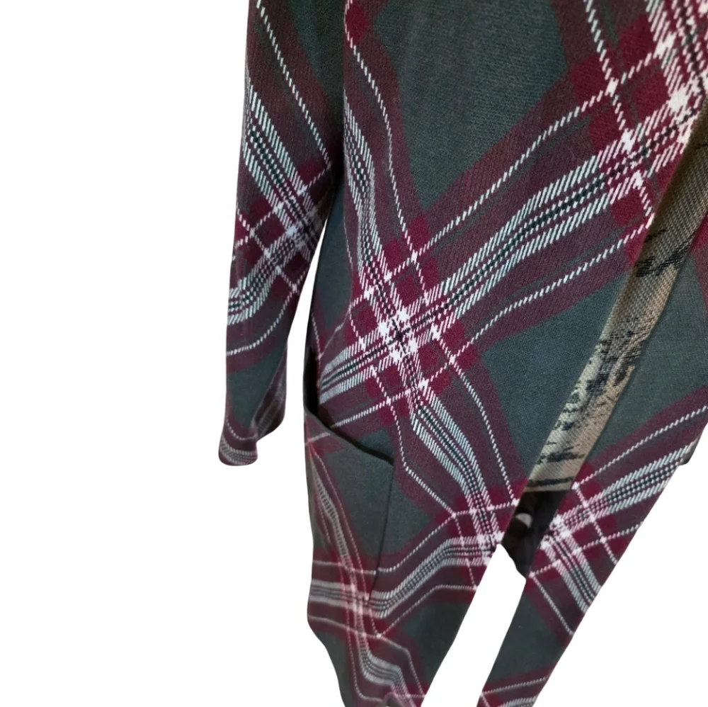 Tahari Womens‎ Green Burgundy Plaid Open Front Longline Cardigan Sweater Size M